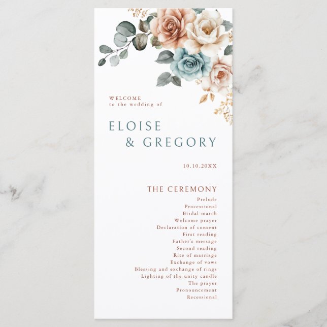 Terracotta Teal Neutral Watercolor floral wedding Program (Front)