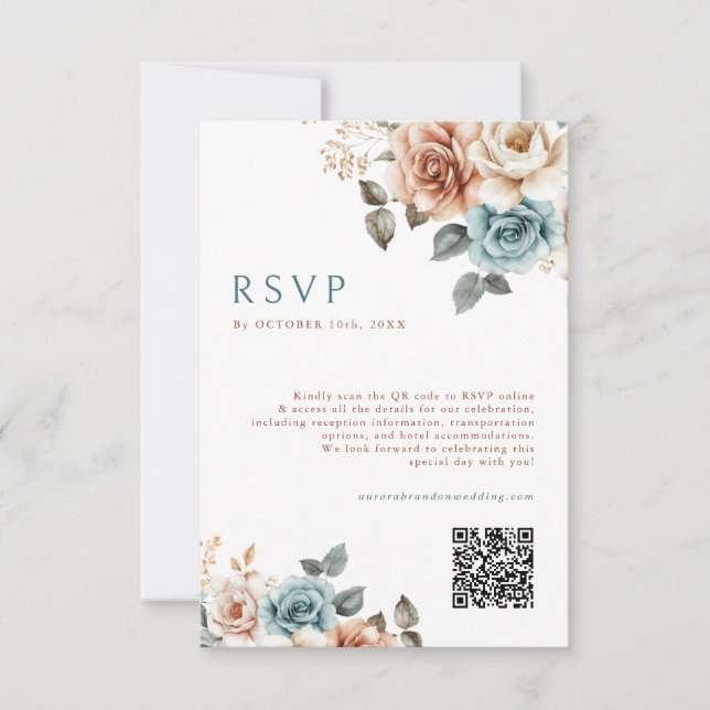 Terracotta Teal Neutral Watercolor floral wedding RSVP Card (Front)