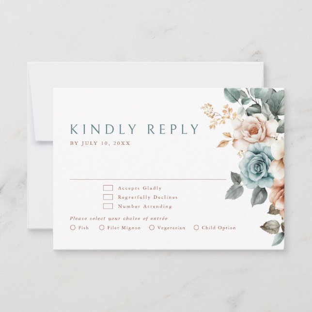 Terracotta Teal Neutral Watercolor floral wedding RSVP Card (Front)