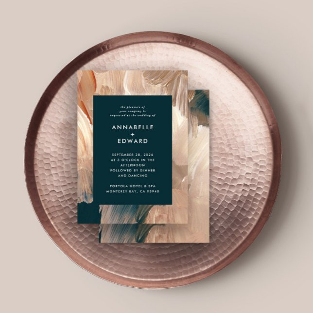 Terracotta teal painterly modern stylish wedding invitation (Creator Uploaded)