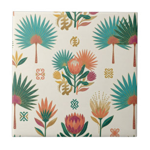 Terracotta Teal Protea & Fan Palm Ceramic Tile