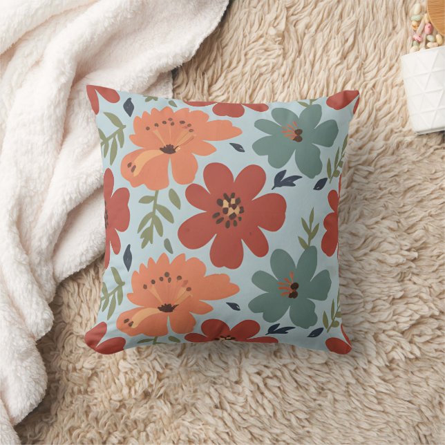 Terracotta & Teal Retro Floral Cushion (Blanket)
