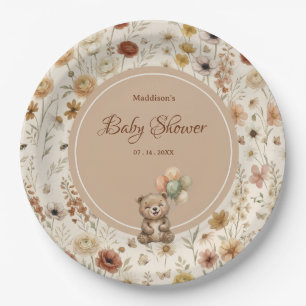 Terracotta Teddy Bear Boho Floral Baby Shower Paper Plate