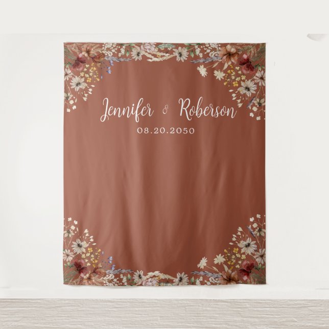 Terracotta Tiny Wildflower Wedding Backdrops Tapestry (Front)