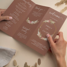 Terracotta Tri-fold floral wedding program Flyer