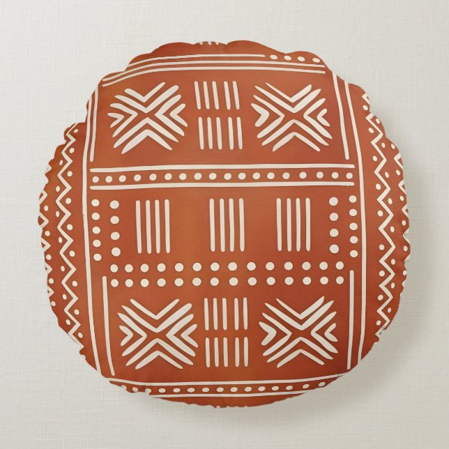 Terracotta Tribal Mudcloth Pattern Round Cushion (Front)