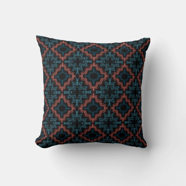 Terracotta Turquoise Black Squiggle Small Mosaics  Cushion (Front)