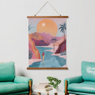 Terracotta Turquoise Celestial Oasis Landscape Hanging Tapestry