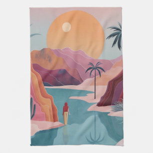 Terracotta Turquoise Celestial Oasis Landscape Tea Towel