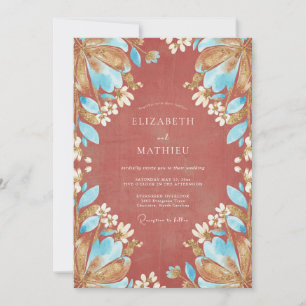 Terracotta Turquoise Peony Wedding Invitation