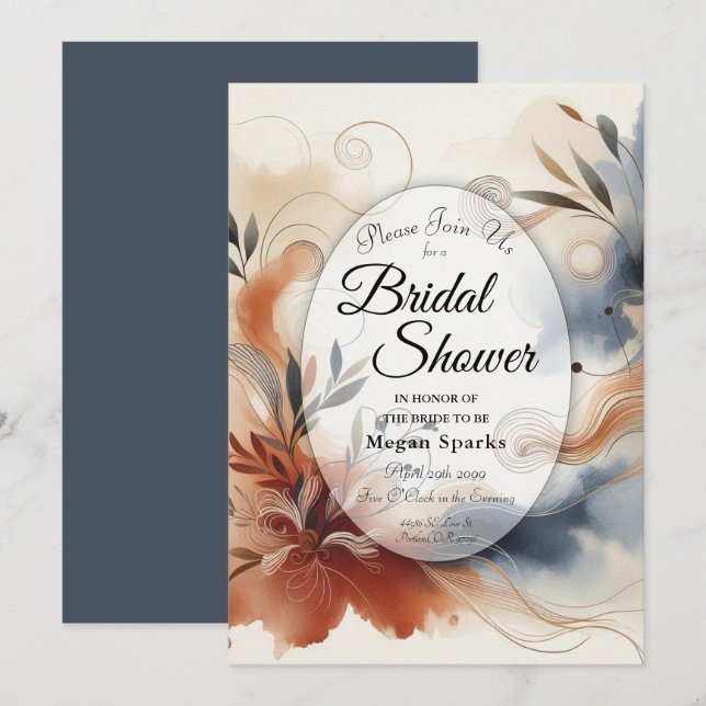 Terracotta Twilight and Navy Blooms Bridal Shower Invitation (Front/Back)