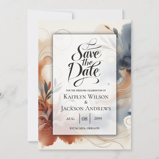  Terracotta Twilight and Navy Blooms Save the Date (Front)