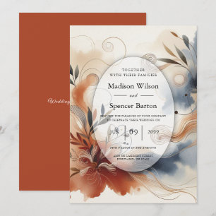 Terracotta Twilight and Navy Blooms Wedding Invitation
