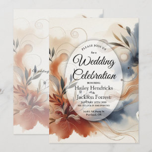 Terracotta Twilight and Navy Blooms Wedding Invitation