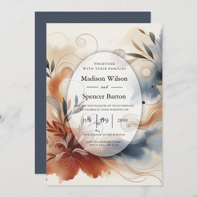 Terracotta Twilight and Navy Blooms Wedding Invitation (Front/Back)