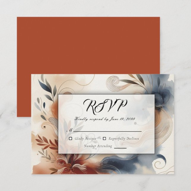 Terracotta Twilight and Navy Blooms Wedding RSVP Card (Front/Back)