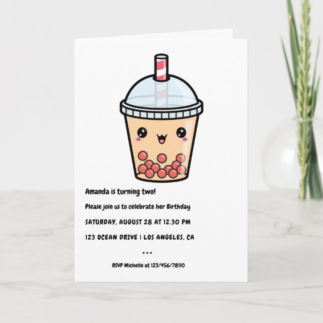 Terracotta Typography Kawaii Bubble Tea Birthday Invitation (Front)