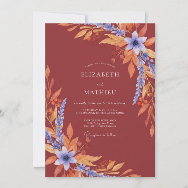 Terracotta Violet Leafy Wedding Invitation (Front)