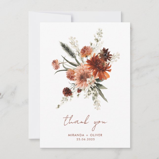 Terracotta Watercolor Floral Wedding Thank You Card (Front)