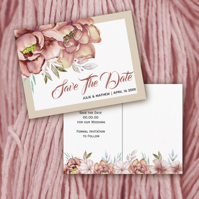 Terracotta watercolor flowers floral Save the Date Postcard (Creator Uploaded)