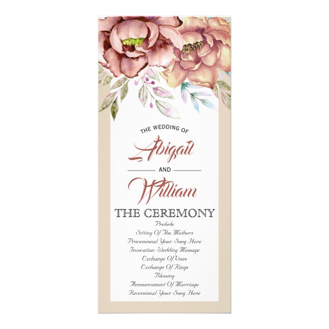 Terracotta watercolor flowers wedding program rack card (Front)