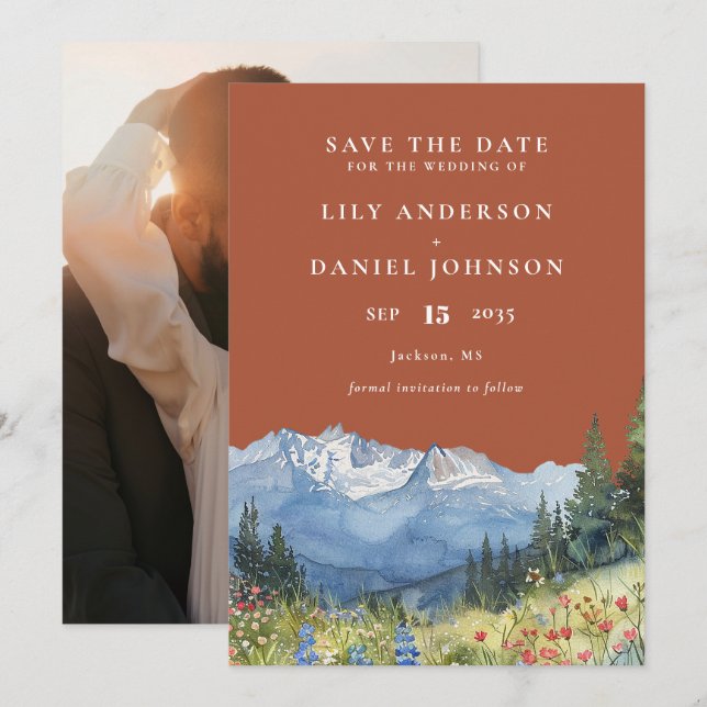 Terracotta Watercolor Mountain Photo Wedding Save The Date (Front/Back)