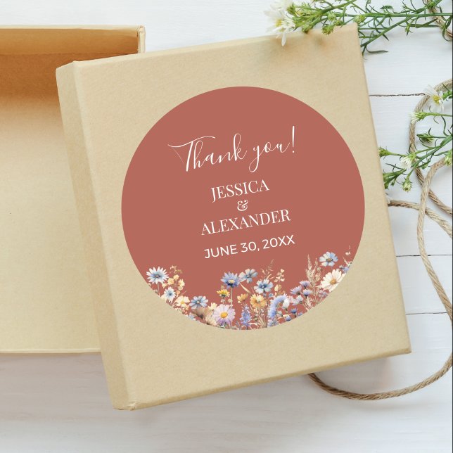 Terracotta Watercolor Wildflower Wedding Thank You Classic Round Sticker (Terracotta Wildflowers Elegant Thank You Sticker with Couple Names, Date, Dusty Blue Wildflowers.)