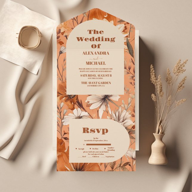 Terracotta Watercolor Wildflowers Wedding All In One Invitation (Creator Uploaded)