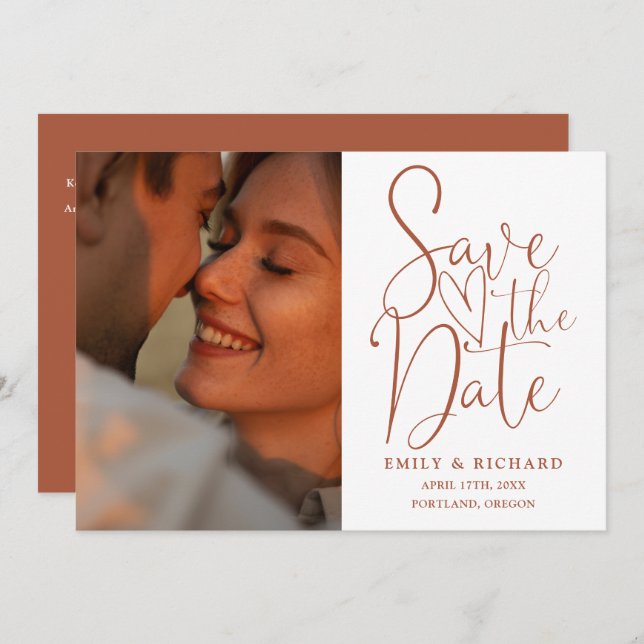 Terracotta Wedding 2 Photo QR Code Elegant Script Save The Date (Front/Back)