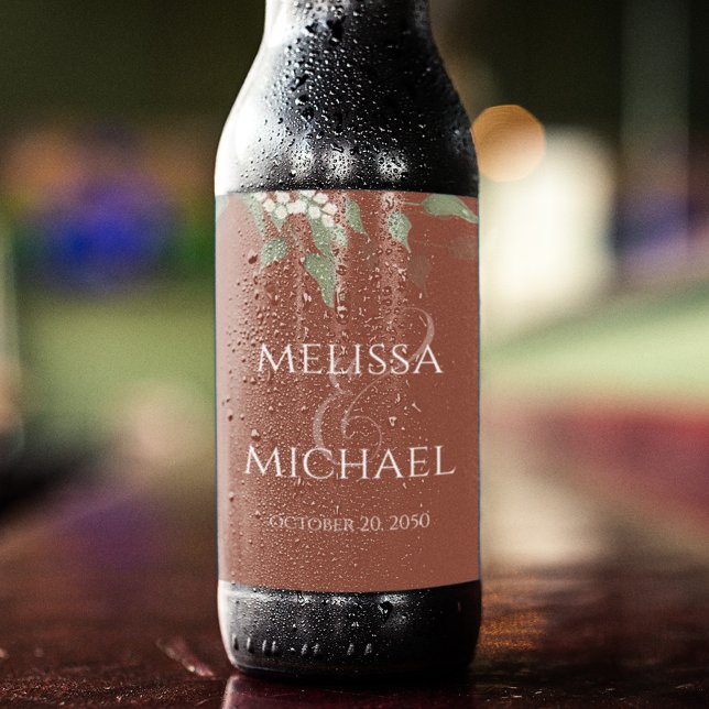 Terracotta Wedding Beer Label Custom (Terracotta elegant greenery calligraphy ampersand beer bottle label.)