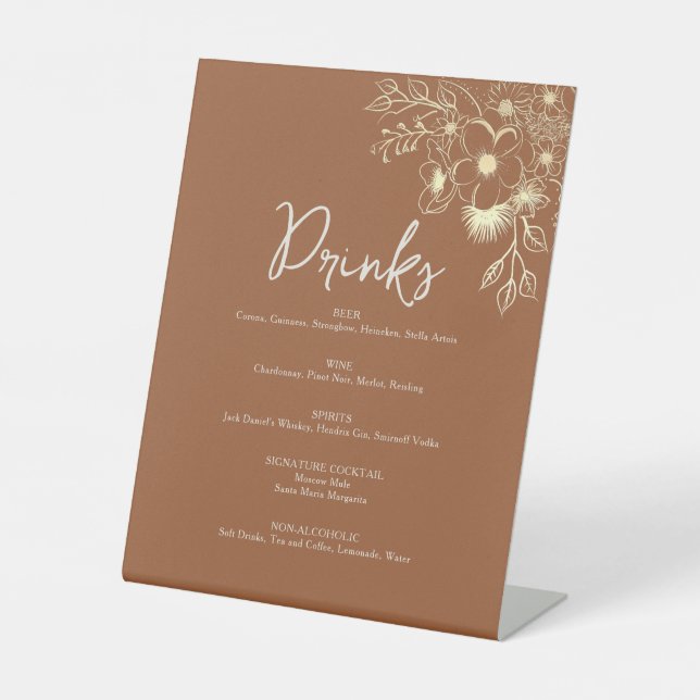 Terracotta Wedding Drink Bar Menu Pedestal Sign (Front)