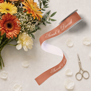 Terracotta Wedding Elegant White Calligraphy Brown Satin Ribbon
