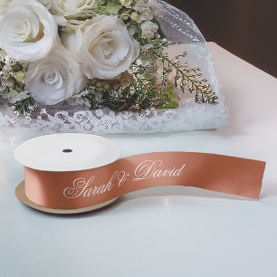 Terracotta Wedding Elegant White Calligraphy Brown Satin Ribbon