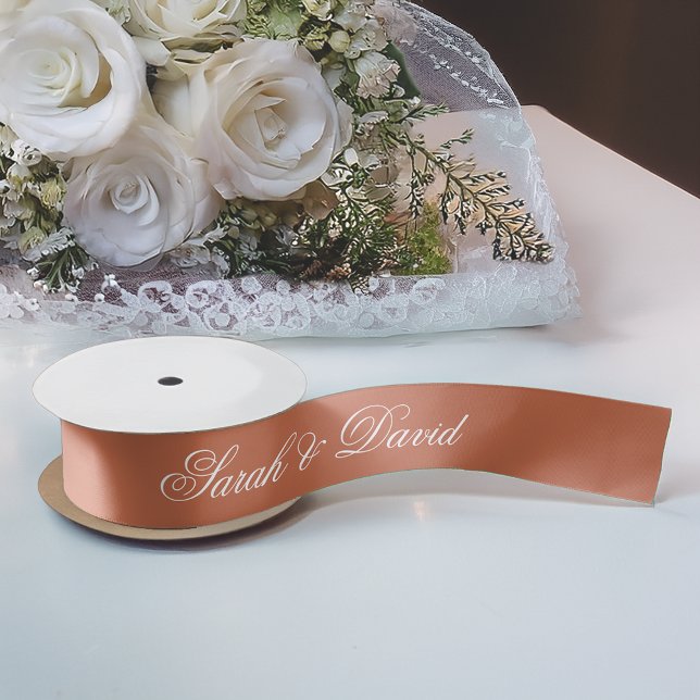 Terracotta Wedding Elegant White Calligraphy Brown Satin Ribbon (Creator Uploaded)