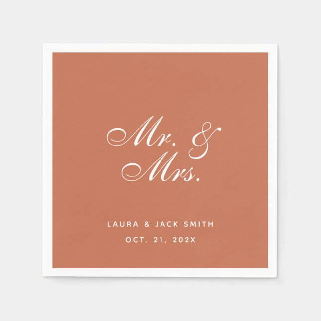 Terracotta Wedding Mr. and Mrs. Brown White Script Napkin (Front)