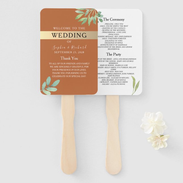 Terracotta Wedding Program Hand Fan (Front and Back)