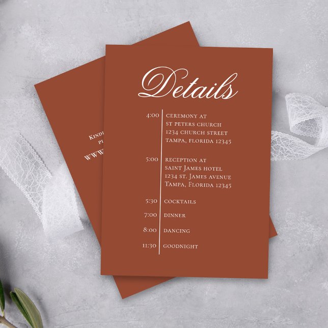 Terracotta Wedding Timeline Details Simple RSVP Enclosure Card (Terracotta Wedding Invitation Enclosure Card with simple timeline.)