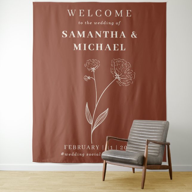 Terracotta Welcome to the wedding cotton Flower Tapestry (In Situ)