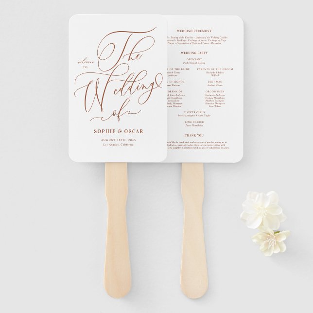 Terracotta Whimsical Calligraphy Wedding Programs Hand Fan (Front and Back)