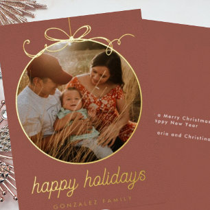 Terracotta Whimsical Ornament & Bow Photo Foil Holiday Card