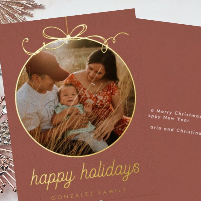 Terracotta Whimsical Ornament & Bow Photo Foil Holiday Card (Creator Uploaded)