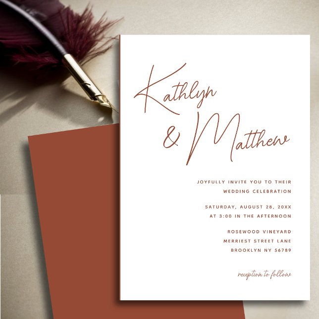 Terracotta Whimsical Script Minimalist Wedding Invitation (Creator Uploaded)