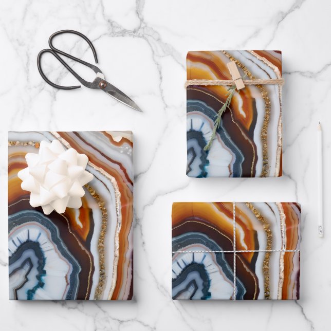  Terracotta White Black Blue Gold Agate Geode Wrapping Paper Sheet (Front)