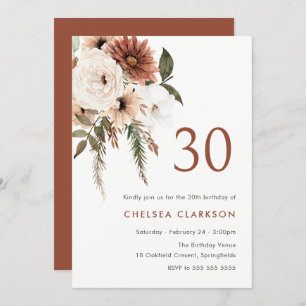 Terracotta & White Boho Floral 30th Birthday Party Invitation