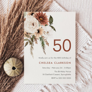 Terracotta & White Boho Floral 50th Birthday Party Invitation