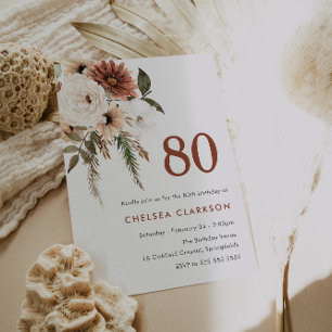 Terracotta & White Boho Floral 80th Birthday Party Invitation
