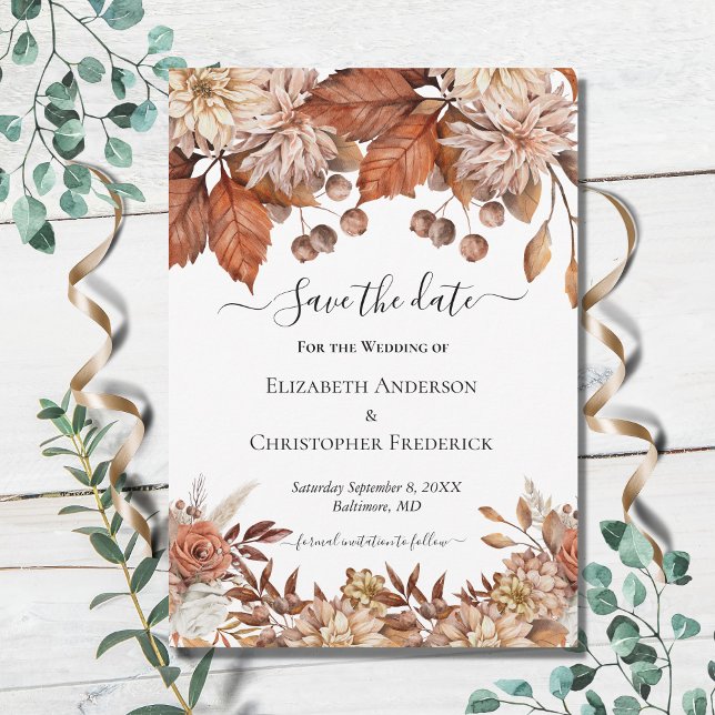 Terracotta White Brown Floral Elegant Boho Wedding Save The Date (Creator Uploaded)