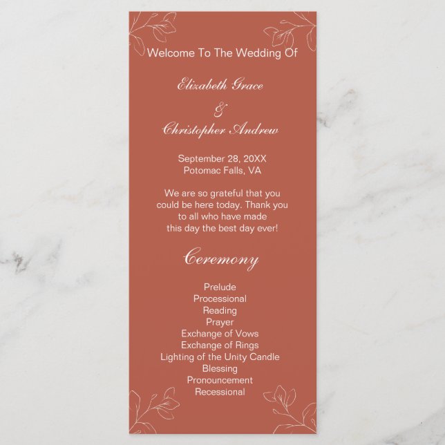 Terracotta White Floral Botanical Wedding Program (Front)