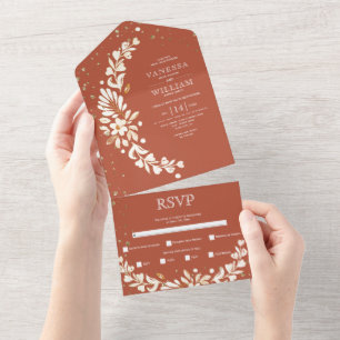 Terracotta, white floral garland hearts wedding all in one invitation
