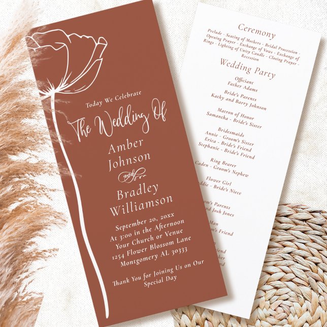 Terracotta White Floral Modern Autumn Wedding  Program (Creator Uploaded)